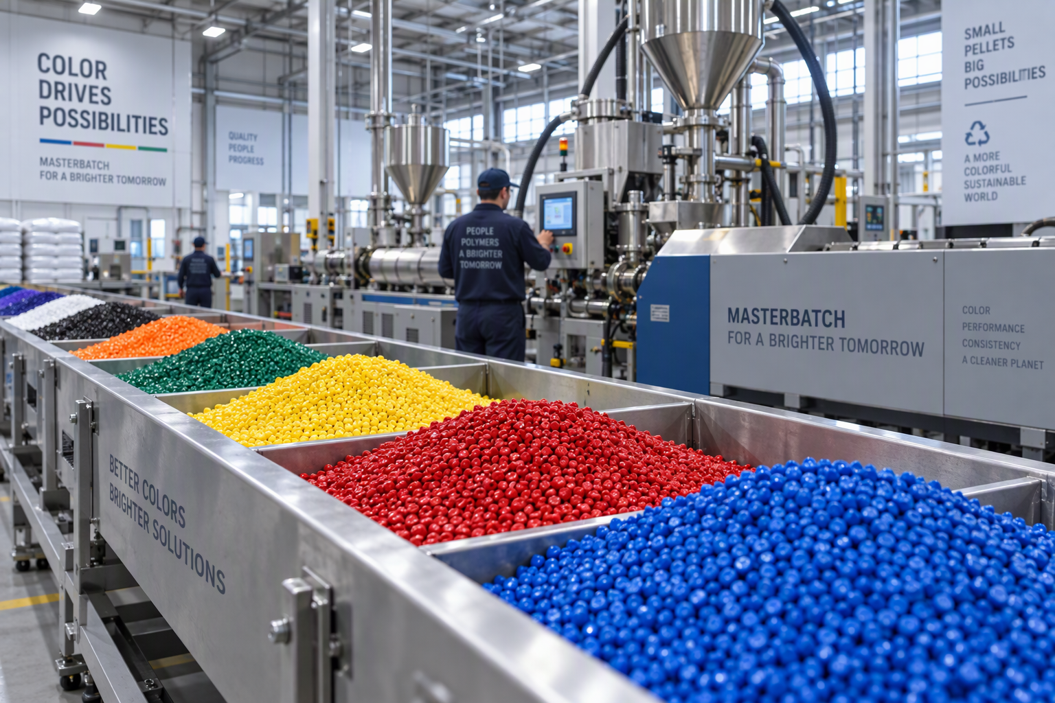 Masterbatch manufacturing facility with colored plastic pellets on production line